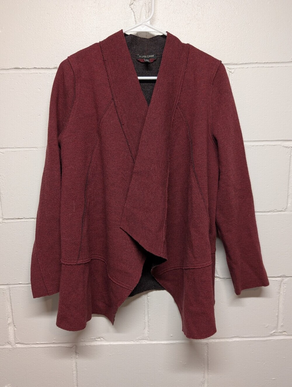 EILEEN FISHER Merino Wool Red Draped Open Front Cardigan (PL - Petite Large)